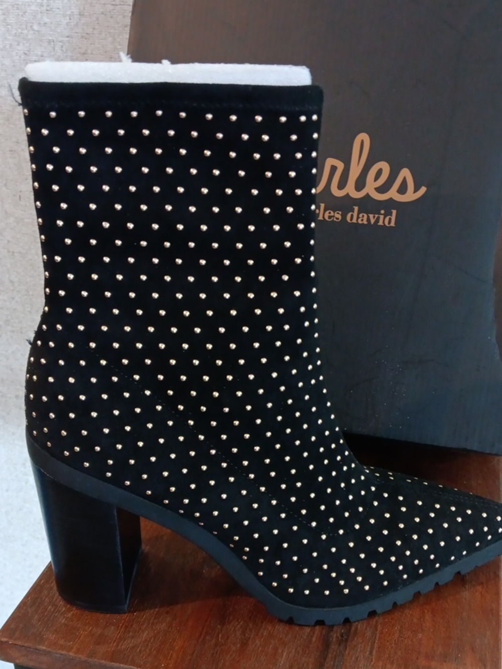Charles David Black Suede Studded Pointed Ankle Boot Size 10
